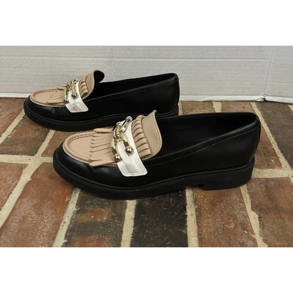Marc Fisher Calisto Kiltie Fringe Loafers Black Beige White Gold Chain Women 9.5
